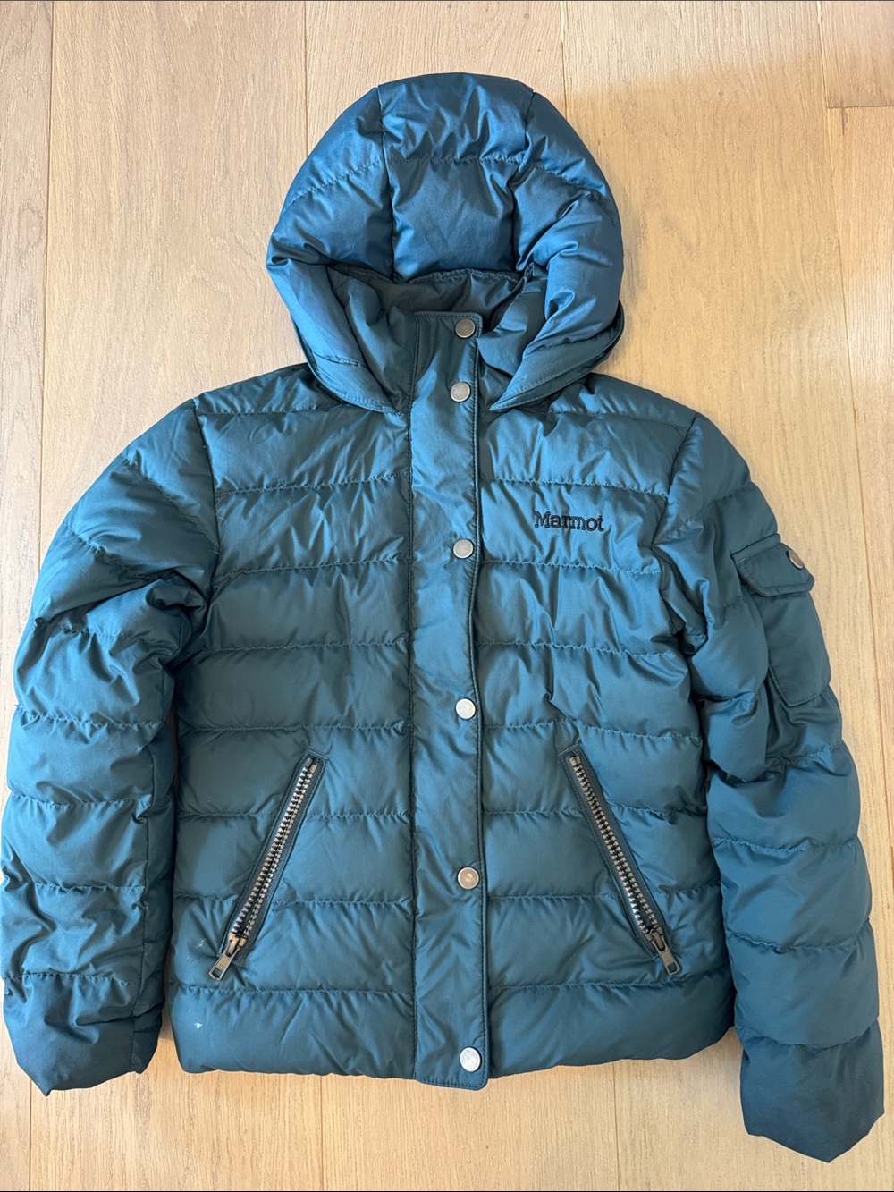 Marmot Boy’s Teal-Blue Hooded Down Jacket